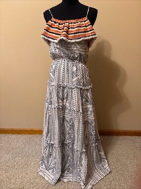 THML White Maxi Dress with Black Print and Orange Ruffle Detail
